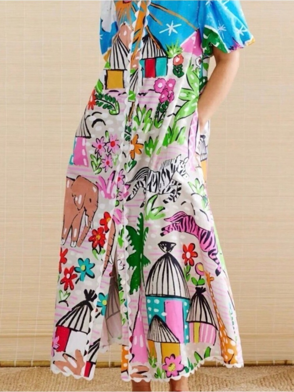 Bright Multi-Color Safari Print Midi Dress